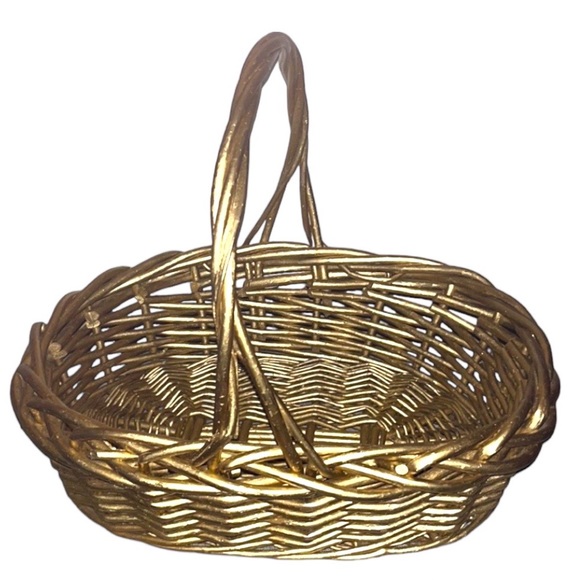 Vintage Large Gold Oval Hand Woven Gathering Storage Wicker Basket With Handle - Picture 2 of 6